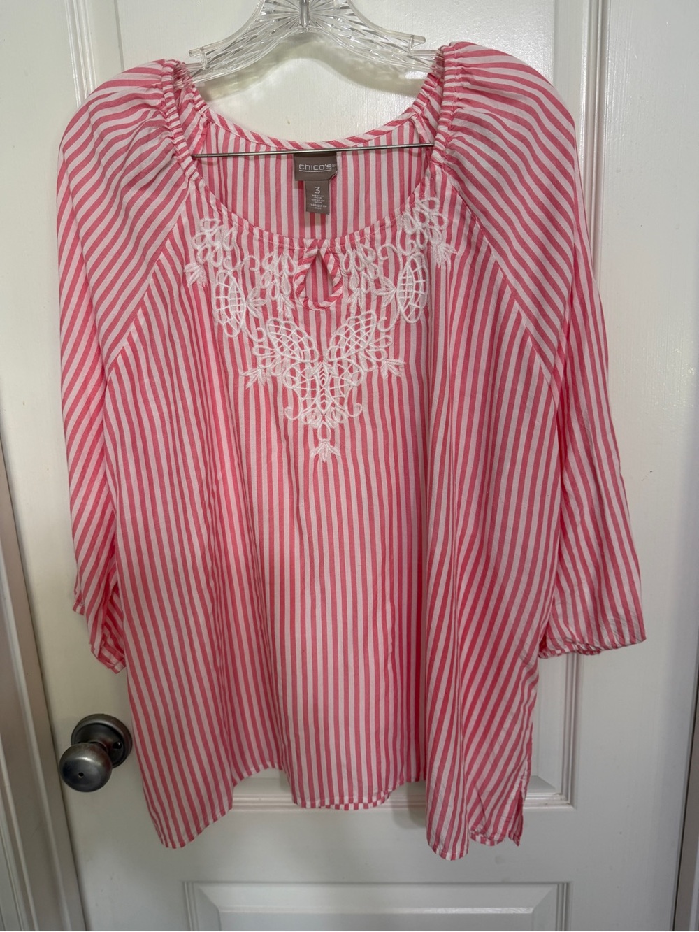 Chico's Pink and White Striped Embroidered Peasant Blouse